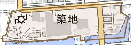 築地とその周辺の地図。町の範囲を重ねている