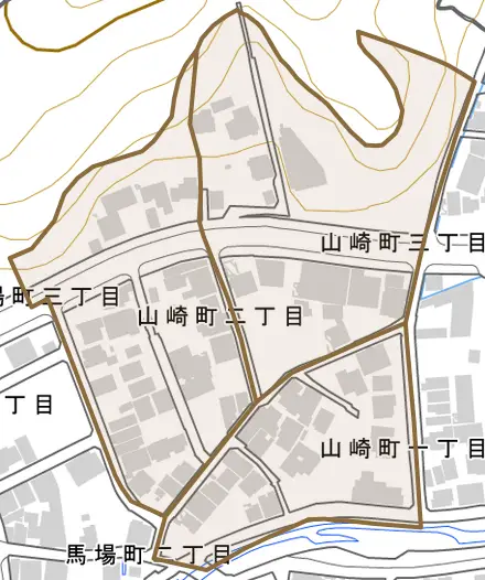 山崎町とその周辺の地図。町の範囲を重ねている