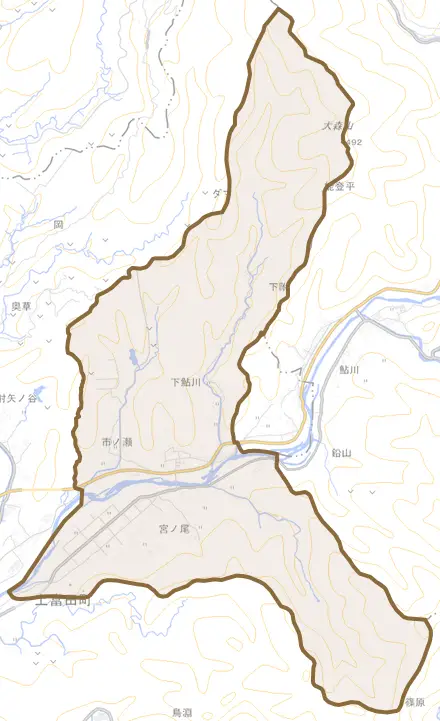市ノ瀬とその周辺の地図。町の範囲を重ねている
