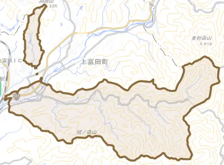 生馬とその周辺の地図。町の範囲を重ねている