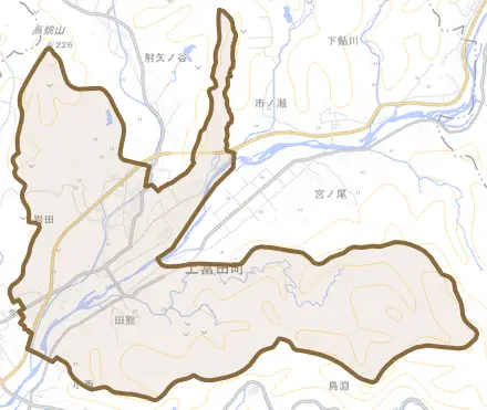 岩田とその周辺の地図。町の範囲を重ねている