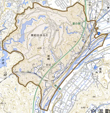岩崎とその周辺の地図。町の範囲を重ねている