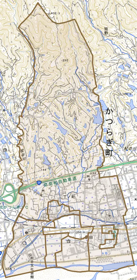 大字丁ノ町とその周辺の地図。町の範囲を重ねている