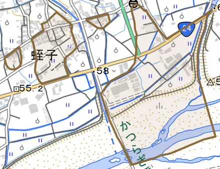 大字蛭子とその周辺の地図。町の範囲を重ねている