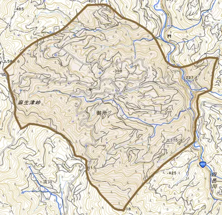 大字御所とその周辺の地図。町の範囲を重ねている