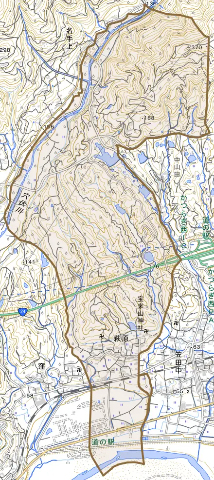 大字萩原とその周辺の地図。町の範囲を重ねている