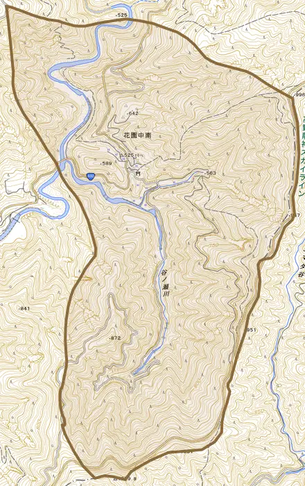 大字花園中南とその周辺の地図。町の範囲を重ねている
