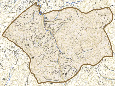 大字日高とその周辺の地図。町の範囲を重ねている