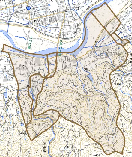 大字東渋田とその周辺の地図。町の範囲を重ねている