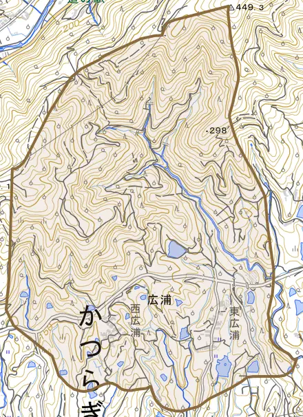 大字広浦とその周辺の地図。町の範囲を重ねている