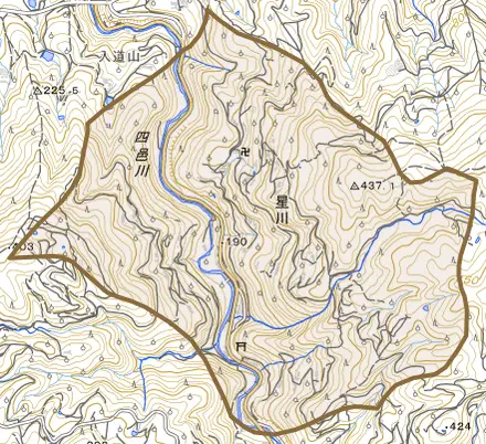 大字星川とその周辺の地図。町の範囲を重ねている