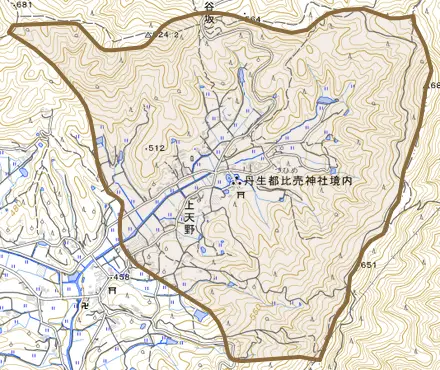 大字上天野とその周辺の地図。町の範囲を重ねている