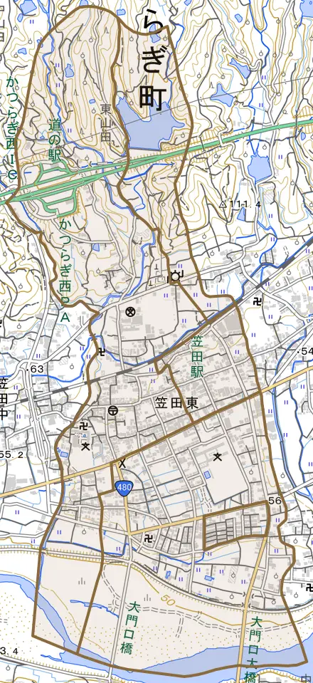 大字笠田東とその周辺の地図。町の範囲を重ねている