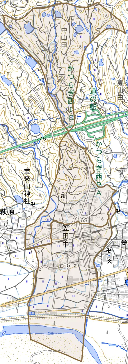 大字笠田中とその周辺の地図。町の範囲を重ねている
