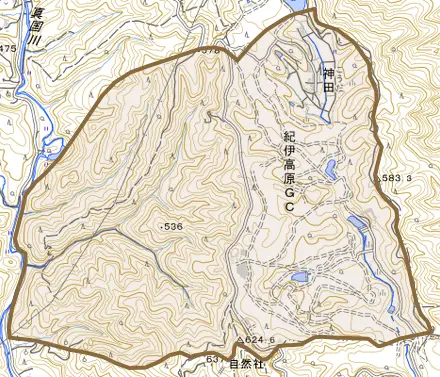 大字神田とその周辺の地図。町の範囲を重ねている