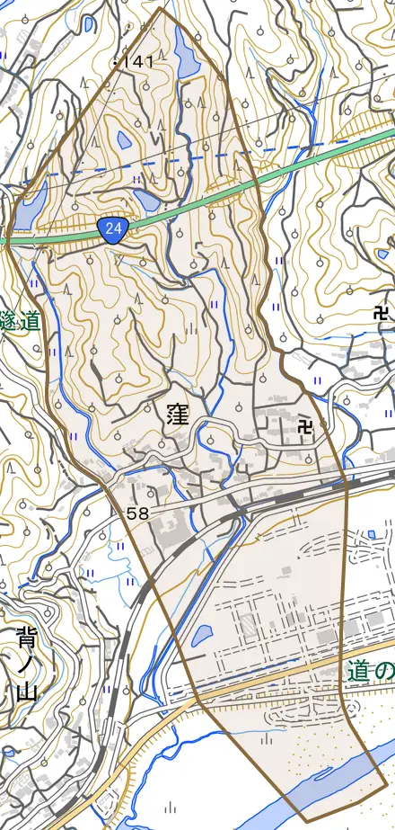 大字窪とその周辺の地図。町の範囲を重ねている