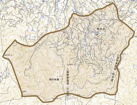 大字教良寺とその周辺の地図。町の範囲を重ねている