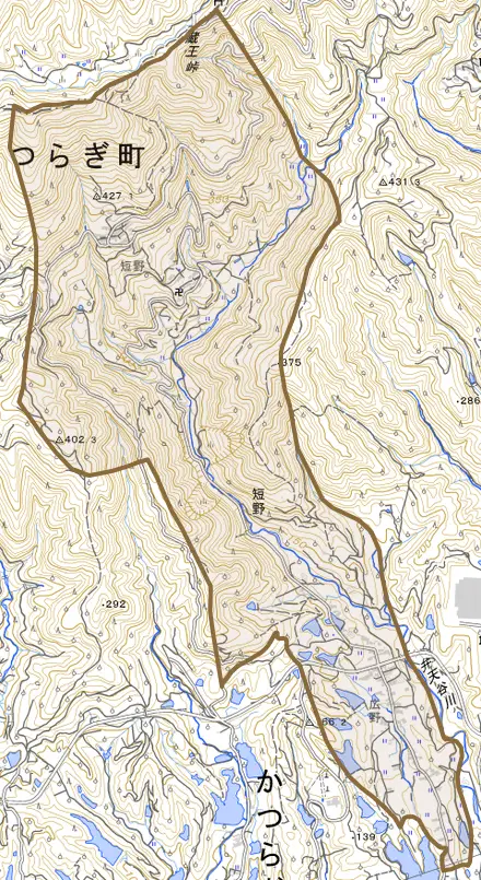 大字短野とその周辺の地図。町の範囲を重ねている