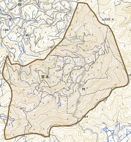 大字宮本とその周辺の地図。町の範囲を重ねている