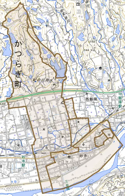 大字妙寺とその周辺の地図。町の範囲を重ねている
