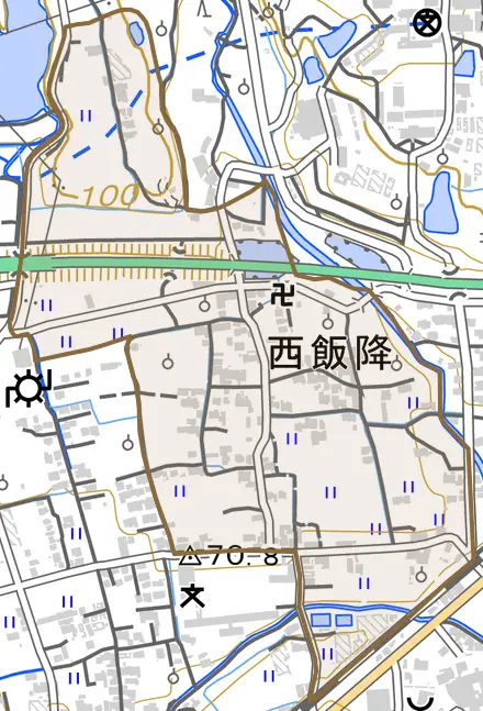 大字西飯降とその周辺の地図。町の範囲を重ねている