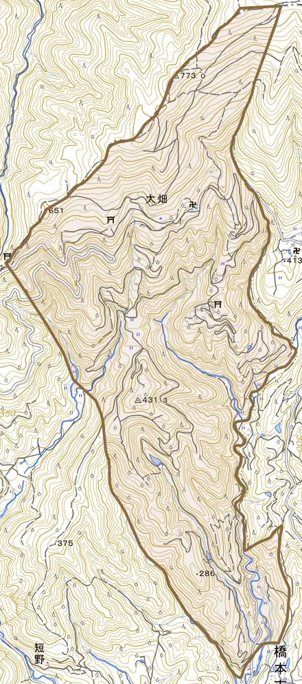 大字大畑とその周辺の地図。町の範囲を重ねている