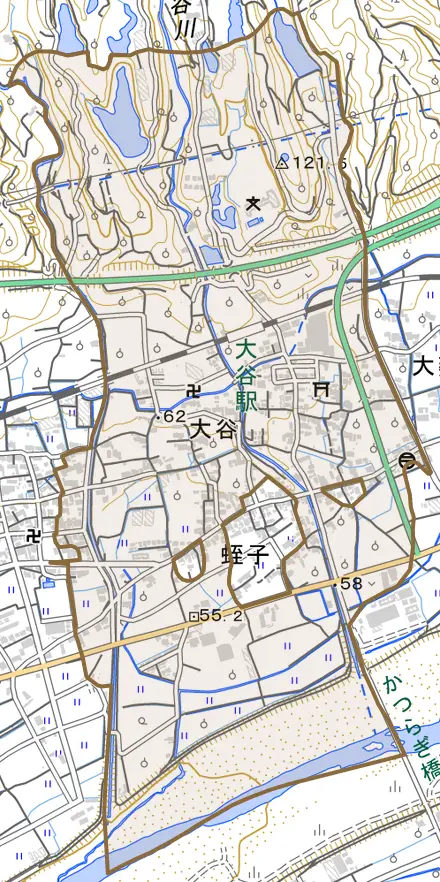 大字大谷とその周辺の地図。町の範囲を重ねている
