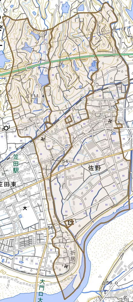 大字佐野とその周辺の地図。町の範囲を重ねている
