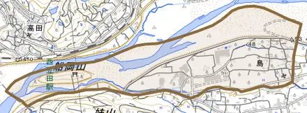 大字島とその周辺の地図。町の範囲を重ねている