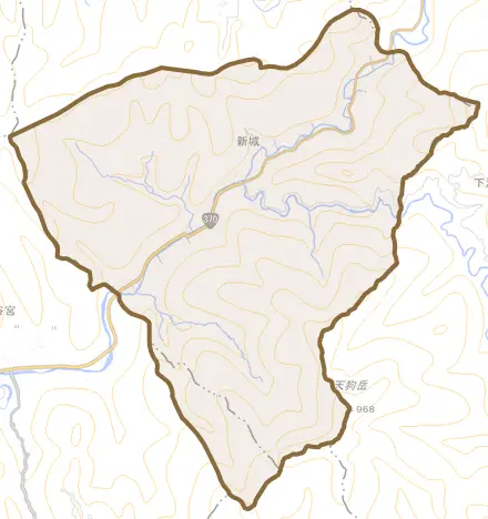 大字新城とその周辺の地図。町の範囲を重ねている