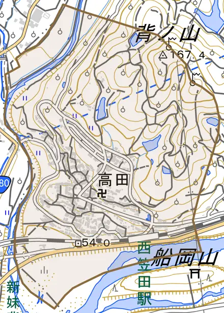 大字高田とその周辺の地図。町の範囲を重ねている