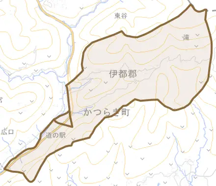 大字滝とその周辺の地図。町の範囲を重ねている
