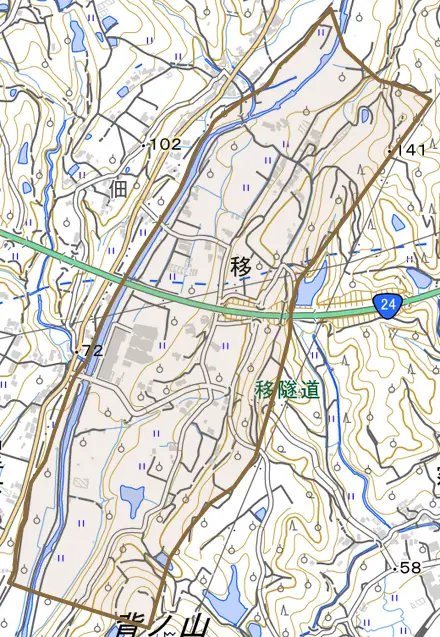大字移とその周辺の地図。町の範囲を重ねている