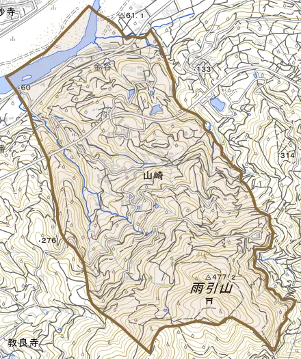 大字山崎とその周辺の地図。町の範囲を重ねている