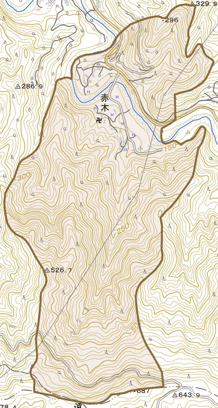 赤木とその周辺の地図。町の範囲を重ねている