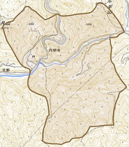円明寺とその周辺の地図。町の範囲を重ねている