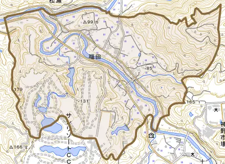 福田とその周辺の地図。町の範囲を重ねている