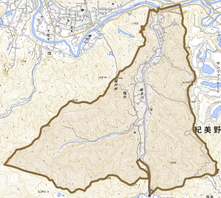 福井とその周辺の地図。町の範囲を重ねている