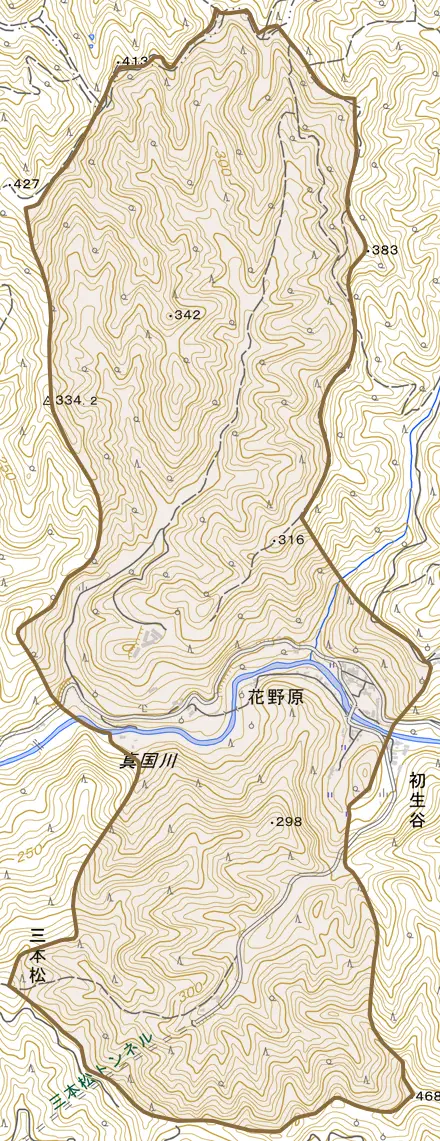花野原とその周辺の地図。町の範囲を重ねている