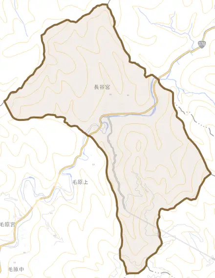 長谷宮とその周辺の地図。町の範囲を重ねている