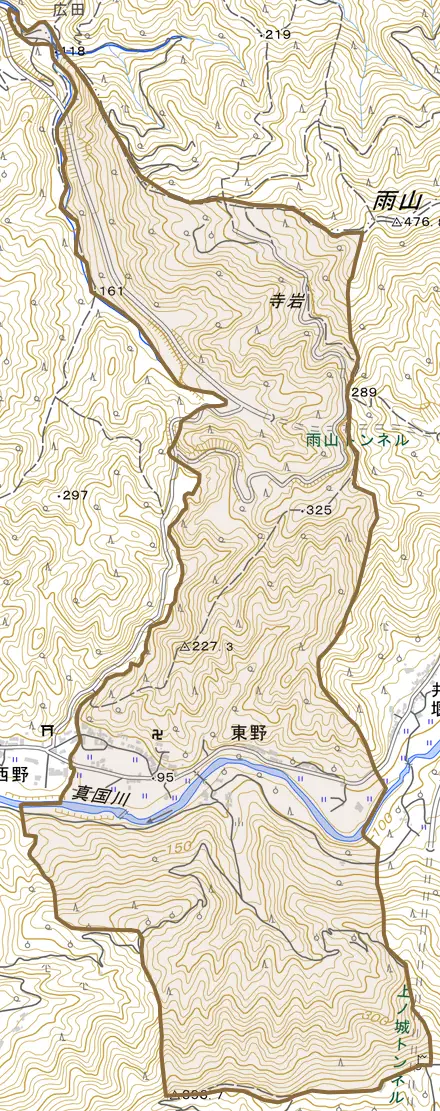 東野とその周辺の地図。町の範囲を重ねている