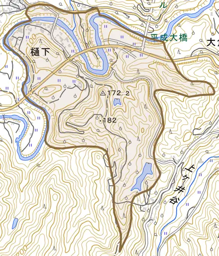 樋下とその周辺の地図。町の範囲を重ねている