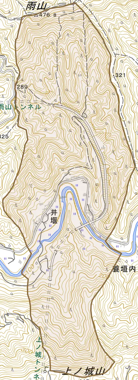 井堰とその周辺の地図。町の範囲を重ねている