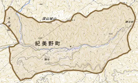 勝谷とその周辺の地図。町の範囲を重ねている