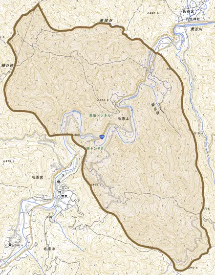 毛原上とその周辺の地図。町の範囲を重ねている
