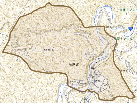 毛原宮とその周辺の地図。町の範囲を重ねている