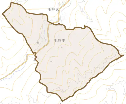 毛原中とその周辺の地図。町の範囲を重ねている