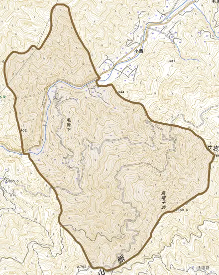 毛原下とその周辺の地図。町の範囲を重ねている