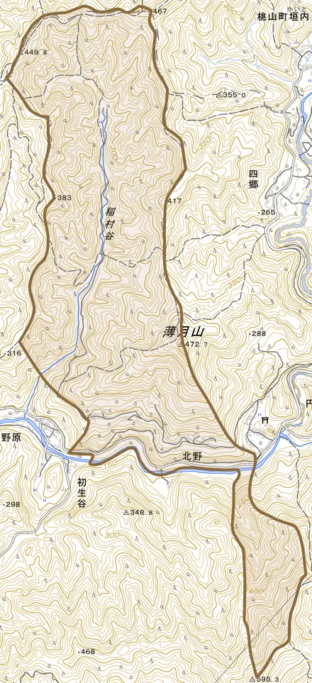 北野とその周辺の地図。町の範囲を重ねている