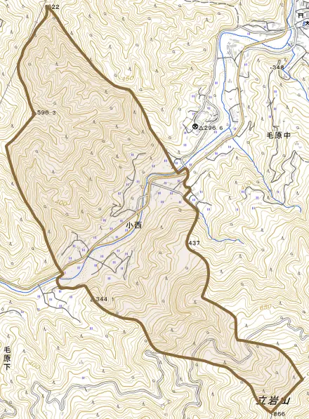 小西とその周辺の地図。町の範囲を重ねている